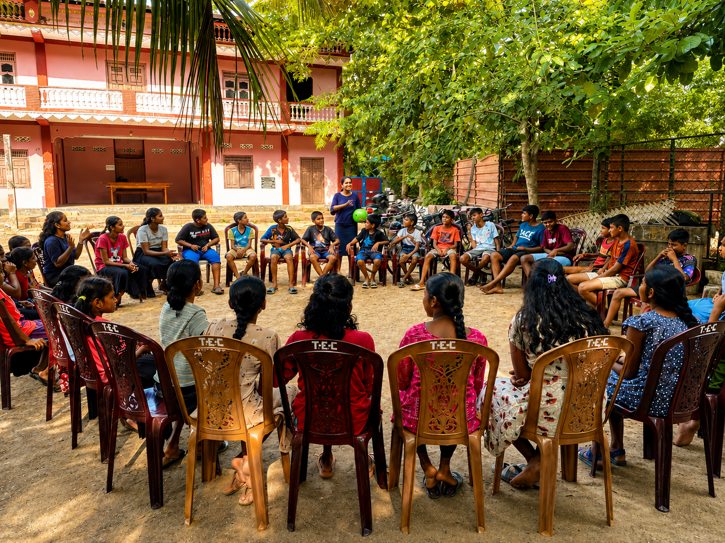 Children and mentors gathered together in a discussion circle outdoors